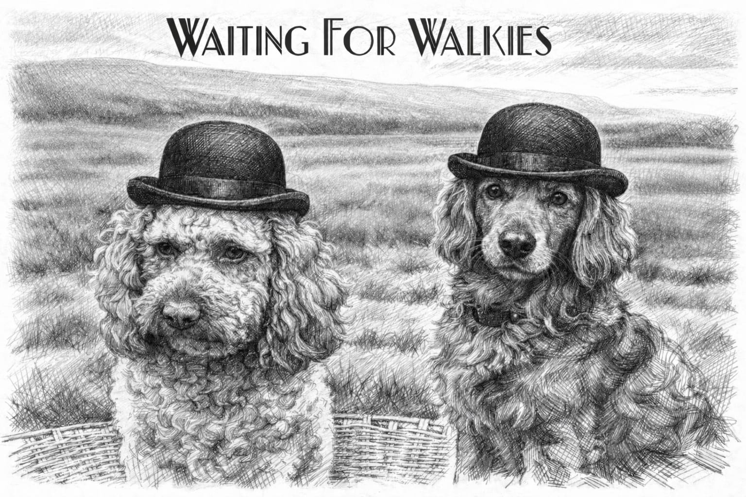AI-generated pencil sketch of two dogs in bowler hats titled Waiting For Walkies